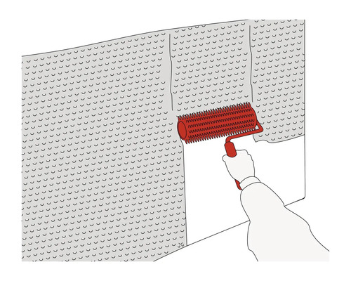 Illustration einer Noppenbahn, die mit einer Nagelwalze befestigt wird.