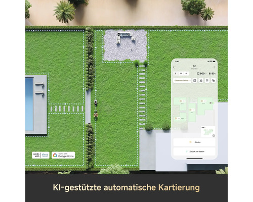 Draufsicht eines Gartens mit Rasenmähroboter und Smartphone-App zur automatischen Kartierung