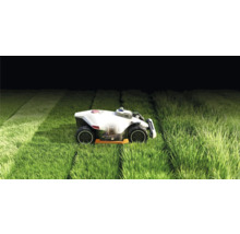 Rasenmähroboter im Einsatz auf einer Rasenfläche.