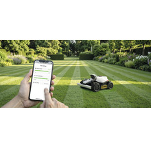 Szene mit einem Rasenmähroboter auf einem Rasen und einer Person, die ein Smartphone zur Steuerung des Geräts verwendet