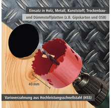 Lochsäge mit Bohrmaschine für Holz-, Metall-, Kunststoff-, Trockenbau- und Dämmstoffplatten