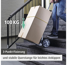 Eine Person transportiert eine Karton auf einem Treppensteiger mit einer Traglast von 100 Kilogramm auf einer Treppe.