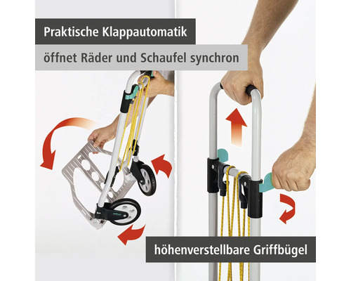 Sackkarre mit Klappmechanismus und höhenverstellbaren Griffbügeln.