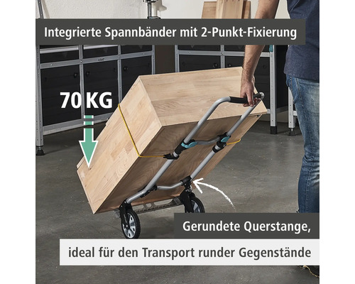 Handwagen mit Holztransport und einer maximalen Traglast von 70 Kilogramm.