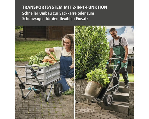 Multifunktions-Transportsystem als Schubkarre und Sackkarre im Einsatz