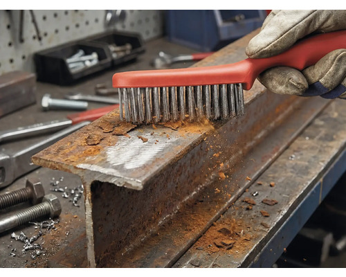 Eine Hand mit Arbeitshandschuh reinigt ein rostiges Stahlprofil mit einer Drahtbürste.