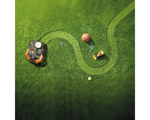 Rasenfläche mit Rasenmähroboter, Basketball, Gartenschere, Spielzeugbagger, Tennisball, Schlüssel und Brille
