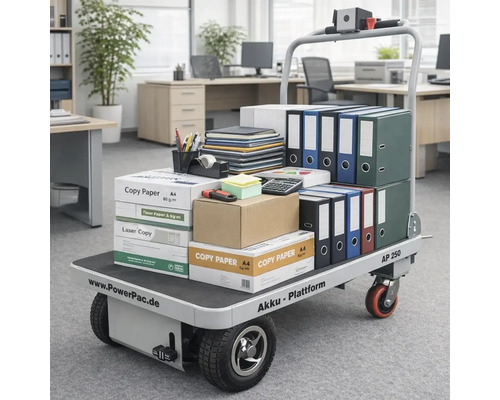 Elektrischer Plattformwagen beladen mit Kopierpapier und Aktenordnern in Büroumgebung