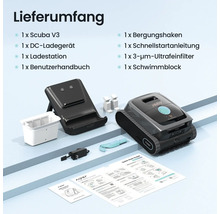 Lieferumfang des Aiper Scuba V3 Poolreinigers mit Ladestation, DC-Ladegerät, Benutzerhandbuch, Bergungshaken, Schnellstartanleitung, 3-µm-Ultrafeinfilter und Schwimmblock.