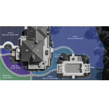 Draufsicht eines Hauses mit Garten und Bewässerungszonen.