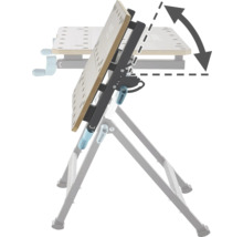 Verstellbarer Werktisch mit Pfeilsymbol zur Anzeige der Neigungsverstellung