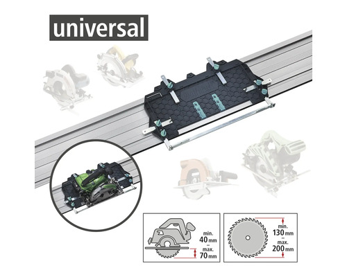 Universal Führungsschiene für Handkreissägen mit Schnitttiefen von 40 Millimeter bis 70 Millimeter und Sägeblattdurchmessern von 130 Millimeter bis 200 Millimeter