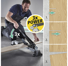 Ein Mann schneidet mit einem Laminatschneider ein Laminatbrett. Eine Grafik zeigt die Funktionsweise des Schneiders.