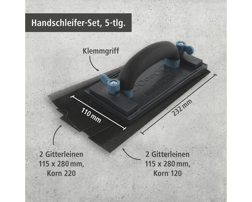 Handschleifer-Set 5-teilig mit Klemmgriff, 110 mal 232 Millimeter, inklusive 4 Gitterleinen 115 mal 280 Millimeter mit Körnung 120 und 220.