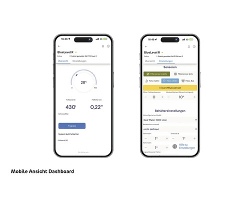 Mobile App Dashboard der BlueLevel R Füllstandsanzeige mit Übersicht über Füllstand in Prozent und Litern sowie Einstellungen zu Sensoren.