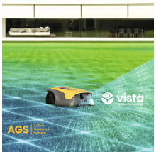 Gelber und grauer Rasenmähroboter auf Rasen vor einem modernen Haus