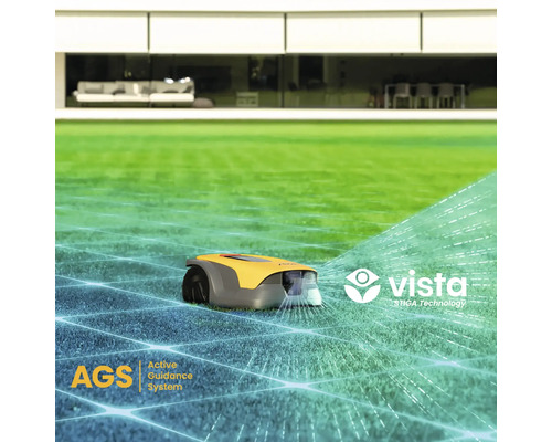 Gelber Rasenmähroboter auf Rasenfläche