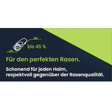 Symbolbild Rasenmäher mit Hinweis auf Steigungen bis 45 Prozent für einen perfekten Rasen
