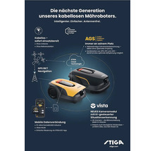 Grafik mit zwei Stiga Mährobotern, die kabellose Funktionen, GPS RKT Navigation, Active Guidance System und mobile Datenverbindung hervorhebt.