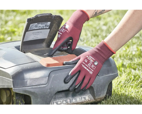 Eine Person mit Gartenhandschuhen bedient einen Rasenmähroboter.