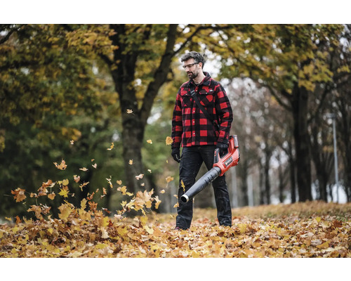 Mann mit Akku-Laubbläser im herbstlichen Garten