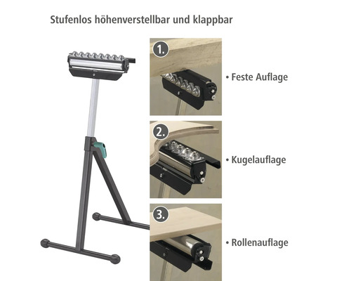 Höhenverstellbarer und klappbarer Materialständer mit fester Auflage, Kugelauflage und Rollenauflage