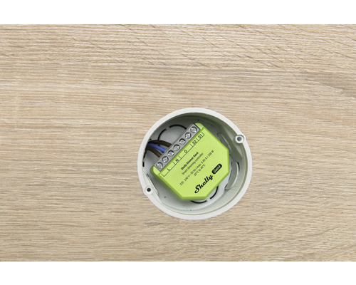 Shelly Dimmer Generation 4 smarter Dimm-Controller eingebaut in eine Unterputzdose in einer Holzwand mit angeschlossenen Kabeln.