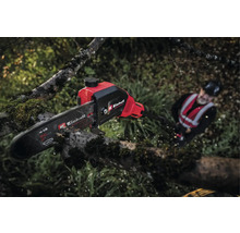 Einhell Akku-Kettensäge im Einsatz beim Schneiden eines Astes mit einem Arbeiter im Hintergrund