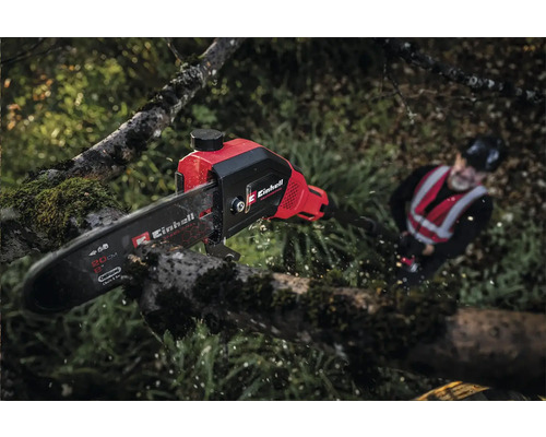 Einhell Akku-Astsäge beim Beschneiden eines Astes im Garten