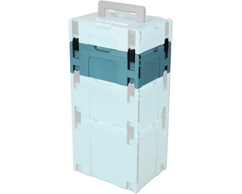 Gekoppelte Makita Makpac Systemkoffer aus Kunststoff mit Tragegriff und Verschlussclips.
