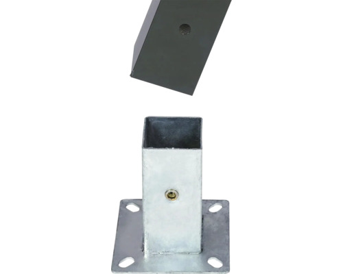 Quadratische Pfostenkonsole aus verzinktem Metall mit passendem anthrazitfarbenem Metallpfosten für die Zaunmontage.