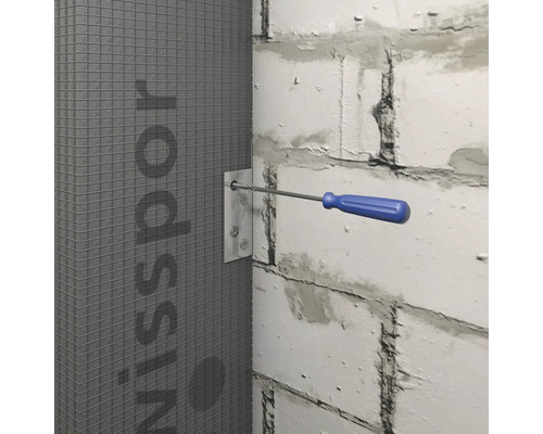 Installation einer Bauplatte mit Schrauben und Schraubenzieher an einer Mauer