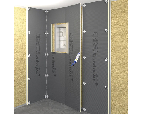 Raumecke mit swissopor BOARD Bauplatten und Fensteröffnung, verklebt mit Dichtstoff