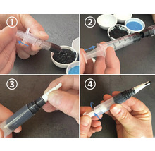 Bilderreihe zur Befüllung eines leeren Pinsels mit schwarzer Farbe mithilfe einer Spritze