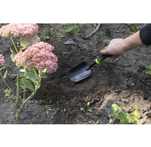 Gartenszene mit Hand, die eine Pflanzschaufel in die Erde steckt