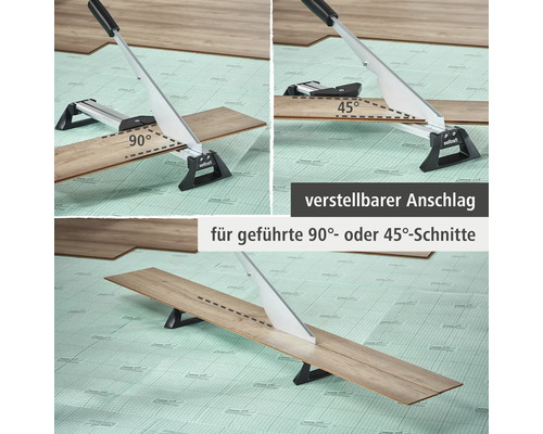 Wolfcraft Laminatschneider mit verstellbarem Anschlag für geführte 90 Grad und 45 Grad Schnitte sowie Längsschnitte.