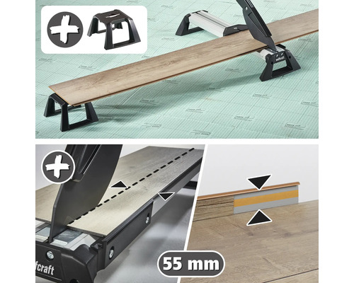 Wolfcraft Laminatschneider beim Schneiden eines Bodenpaneels mit Materialstützen, maximale Schnitthöhe 55 Millimeter.