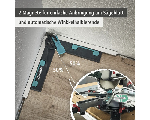 Winkelmesser mit zwei Magneten zur Anbringung am Sägeblatt und automatischer Winkelhalbierung