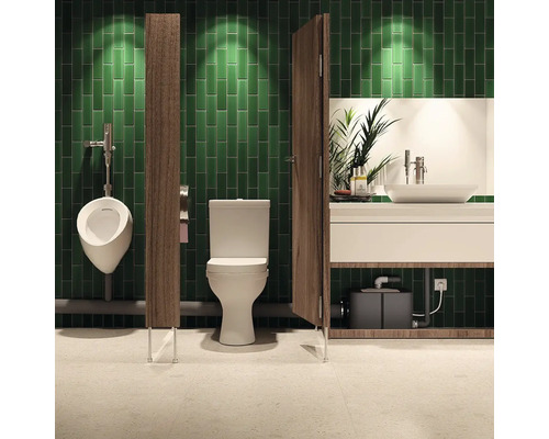 Kleinhebeanlage unter einem Waschtisch im Badezimmer mit Stand-Toilette und Urinal vor einer grün gefliesten Wand.