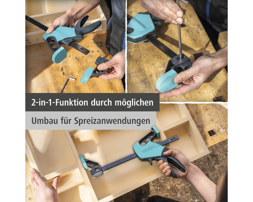 Wolfcraft Einhandzwinge mit 2 in 1 Funktion, Umbau von Zwingen auf Spreizen für Holzarbeiten an einer Holzkiste.