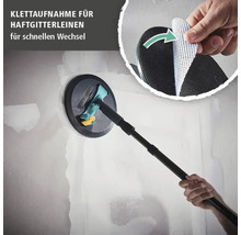 Trockenbauschleifer mit Teleskopstiel im Einsatz an einer Wand und Detailansicht der Klettaufnahme für Gitterleinen.