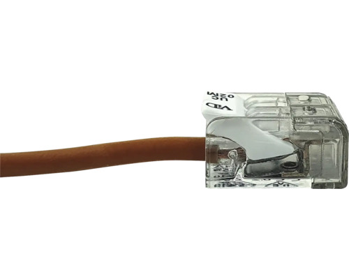 Transparente Verbindungsklemme mit eingeführtem braunem Kabel und VDE Prüfzeichen.