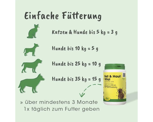 Fütterungsempfehlung für cdVet Fell und Haut Vital: Dosierung für Katzen und Hunde nach Gewicht. Einmal täglich über 3 Monate zum Futter geben.