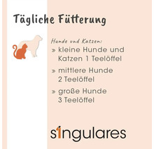 Tägliche Fütterungsempfehlung, singulares Logo: kleine Hunde und Katzen 1 Teelöffel, mittlere Hunde 2 Teelöffel, große Hunde 3 Teelöffel.