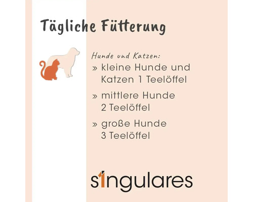Tägliche Fütterungsempfehlung, singulares Logo: kleine Hunde und Katzen 1 Teelöffel, mittlere Hunde 2 Teelöffel, große Hunde 3 Teelöffel.