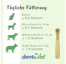 Infografik zur täglichen Fütterungsempfehlung für Katzen und Hunde nach Gewicht mit dentaVet Logo und Messlöffel.