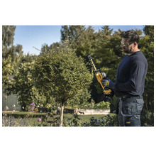 Mann schneidet mit einer DeWalt Akku-Gras- und Strauchschere einen kleinen runden Busch in einem hellen Garten.