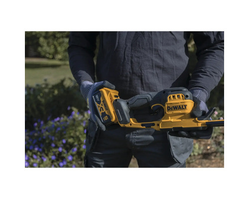 Person hält ein gelb-schwarzes DeWalt 18 Volt XR Akku-Gartengerät mit einem 5 Amperestunden Akku in einem Garten.