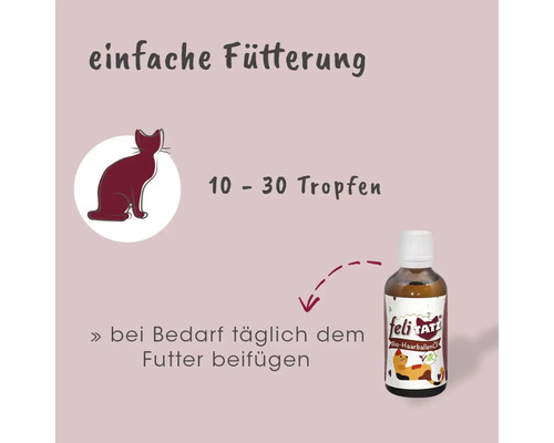 Infografik zur einfachen Fütterung von feliTATZ Bio-Haarballenöl für Katzen mit Dosierhinweis 10 bis 30 Tropfen täglich dem Futter beizufügen.