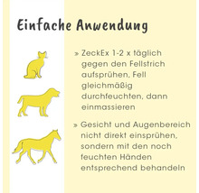 Anwendungshinweise für ZeckEx Zeckenschutz bei Hund, Katze und Pferd. Einsprühen, einmassieren und Augenbereich aussparen.